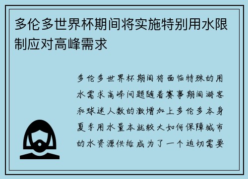 多伦多世界杯期间将实施特别用水限制应对高峰需求